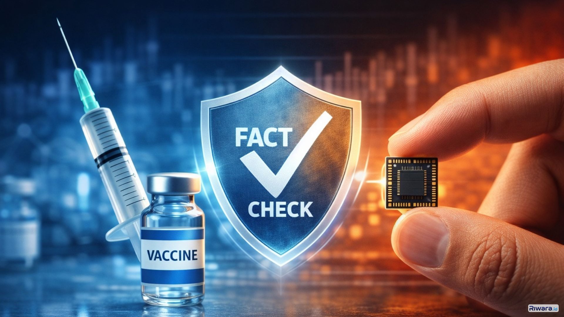 Ilustrasi vaksin dan microchip terkait hoaks vaksin di Indonesia.